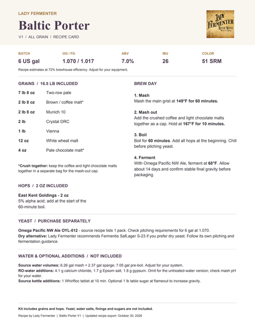 Lady Fermenter Baltic Porter one-page recipe card.