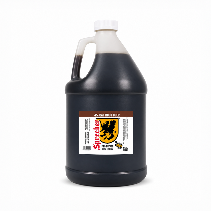 Sprecher Lo-Cal Root Beer soda extract in a one-gallon jug